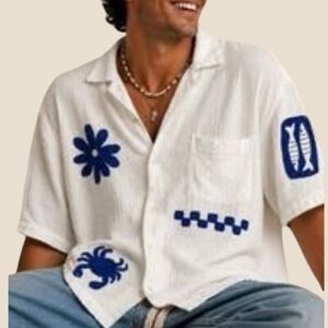 Goodfellow & Co White Cotton Gauze Short Sleeve Button-Up Shirt, Large, Beach